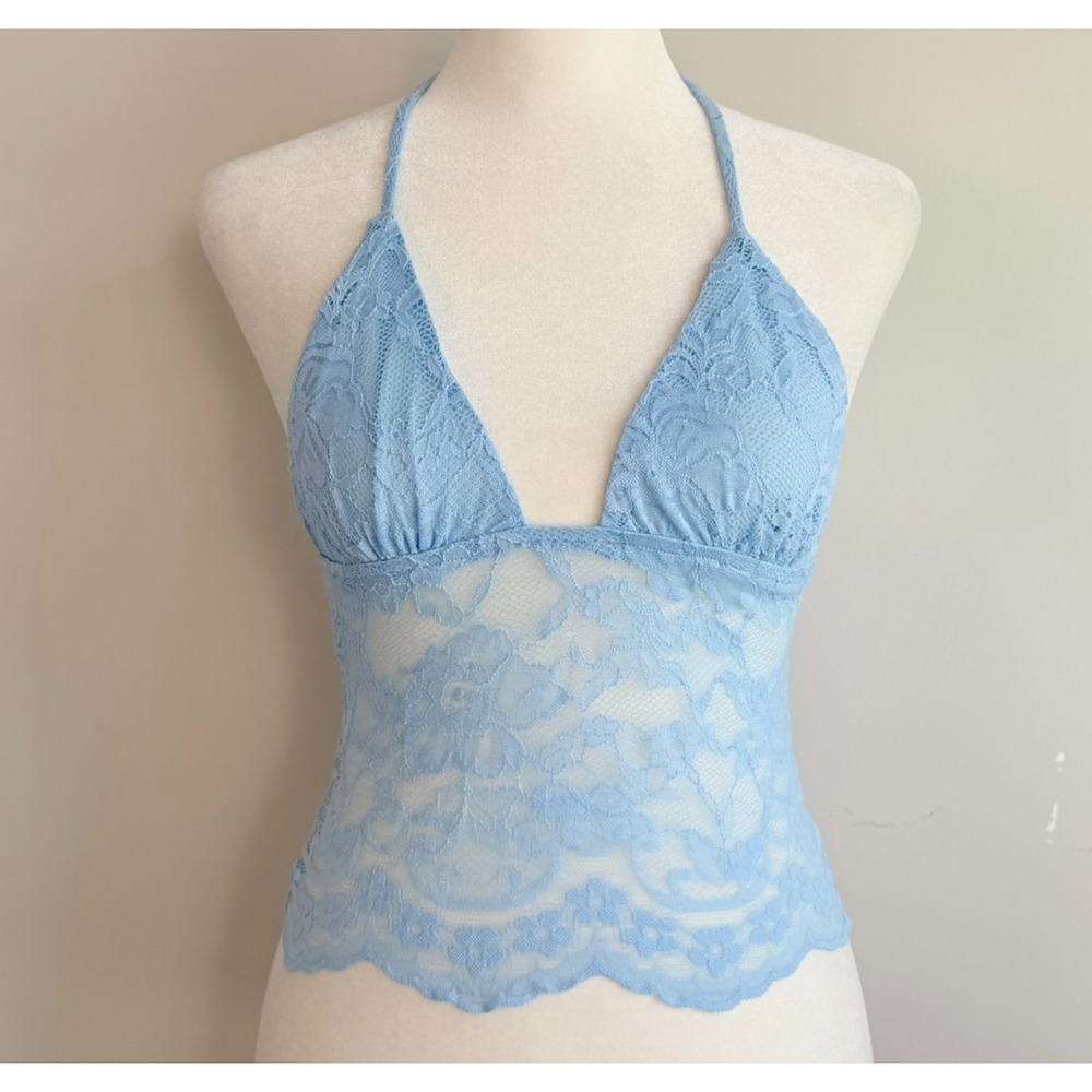 Outcast Y2K Floral Lace Halter Top Small Sheer Fairy Coquette Mesh Blue Feminine